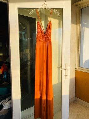 BLASHE ORANGE CROCHET LACE JUMPSUIT WIDE LEG BOHO FESTIVAL ROMPER M